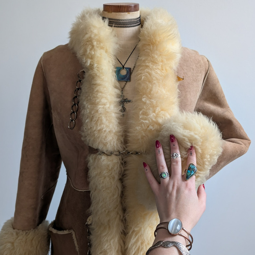 Vintage Brown Suede Fur Coat Boho Tan Leather Penny Lane Jacket Fur Trim Medium - Picture 2 of 11